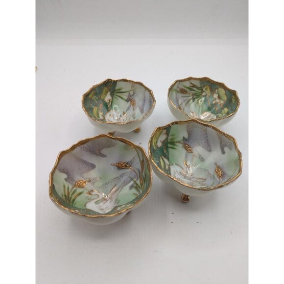 Set Of 4 Vintage Nippon Hand-Painted Swan-Themed Footed Bowls With Gold Trim - Picture 2 of 7